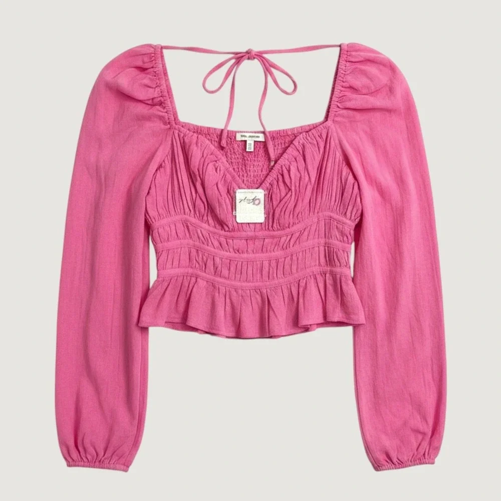 NEW - Free People Aurora‎ Blouse Pink Smocked V-Neck Crop Top OB1410102 Size S